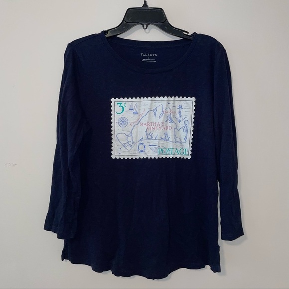 Talbots Martha’s Vineyard Stamp Print Cotton 3/4 Sleeve Tee Size Medium - Picture 1 of 7